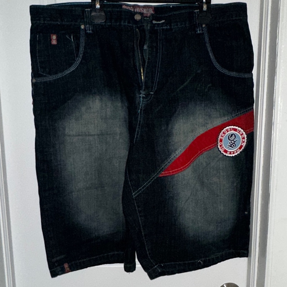 Men's Dark Wash Denim Shorts with Red Patch Detail